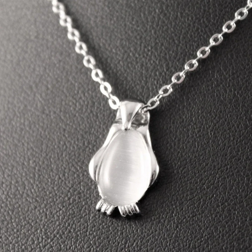Silver Penguin Pendant Necklace with White Stone